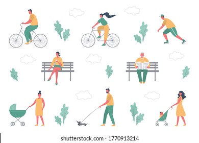 Actividades de verano en el parque. Hombres y mujeres descansan: andar en bicicleta, patinar en rodillo, andar con un coche, leer un periódico, tomar un café, caminar con un perro. Concepto de estilo de vida saludable. Estilo plano. 