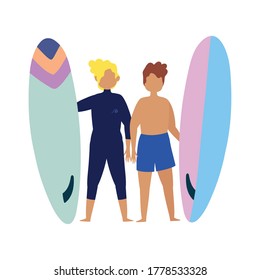 summer people activities, young men holding surfboard, seashore relaxing and performing leisure outdoor vector illustration