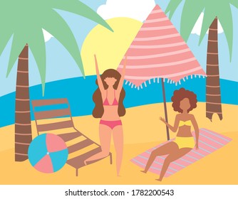 summer people activities, young women in deck chair and towel in the beach, seashore relaxing and performing leisure outdoor vector illustration