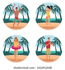 Summer people and beach cartoons round icons collection vector illustration graphic design