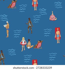 Summer people beach seamless vector pattern with vacation activities swimming relaxing sunbathing illustration.