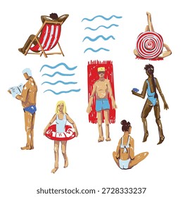 Summer people beach  vector isolated with vacation activities swimming relaxing sunbathing illustration.