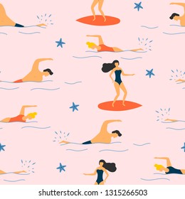 Summer people in bikini swimming, surfing and diving at the sea seamless pattern. Water sport vector illustration.