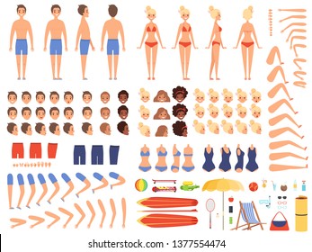 Summer people. Creation kit collection of body parts male and female summer characters swimsuit vector vacation travelers collection