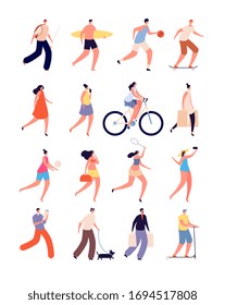 Summer people. Happy female, fun walking person. Isolated street sport, bikes and pet lover, skateboarder. Outdoor activities vector set