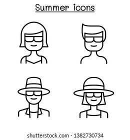 Summer people icon set in thin line style