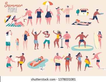 Summer people on the beach. People in different poses and situations. Flat design illustration.