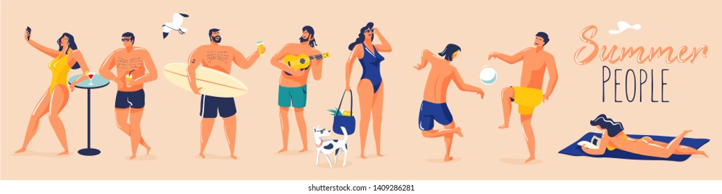 Summer people on the beach. People in different poses and situations. Flat design illustration.