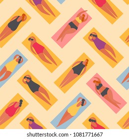 Summer people on the beach. Summer time vacation, women sunbathing in bikini. Seamless pattern vector illustration