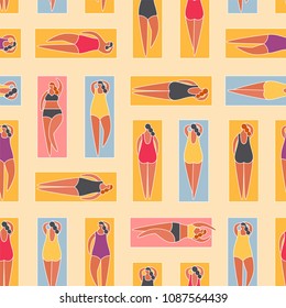 Summer people on the beach. Summer time vacation on the sea, women sunbathing in bikini. Seamless pattern vector illustration