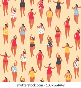 Summer people on the beach. Summer time vacation on the sea, women sunbathing in bikini. Seamless pattern vector illustration