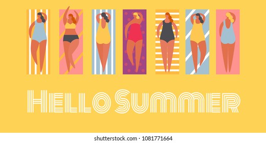 Summer people on the beach. Vacation travel banner with women in bikini. Vector illustration