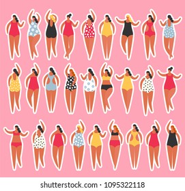 Summer people on the beach. Vector stickers with women in bikini. Vacation set illustration
