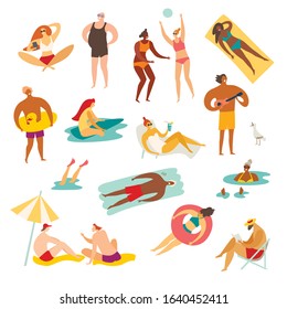 Summer people on the beach vector illustration. Summer relax and outdoor activities. Reading books, sunbathing and surfing. Summer holiday rest. Flat retro cartoon illustration