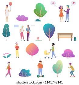 Summer people outdoor activity in the park icons set. Modern gradient flat design vector illustration.