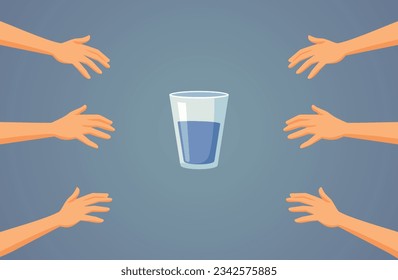 
Gente de verano llegando a un vaso de dibujos animados de vectores de agua. Escasez de agua ilustración conceptual de muchos seres humanos sedientos  
