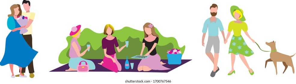 Gente de verano: una pareja en la que el hombre presenta flores a la mujer; tres chicas en el parque; una pareja está cogiendo de la mano y caminando con su perro