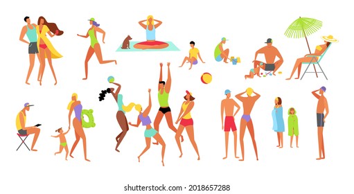 Summer people set on the beach. People and children in different positions and situations. Games, yoga, relaxation on the beach. Flat design illustration.