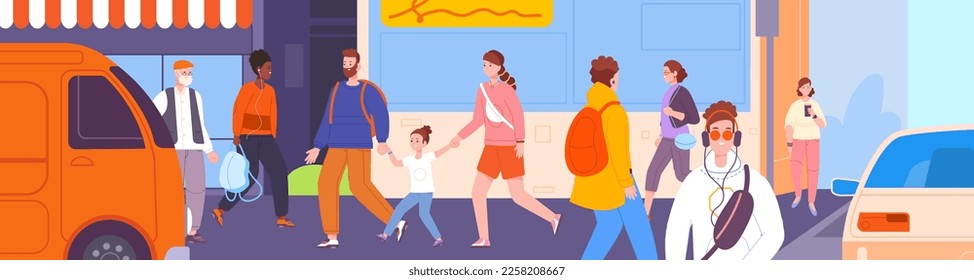 Summer people traffic. Busy citizens on downtown street or sidewalk, pedestrians walking in city, urban life scene cityscape outside town building flat splendid vector illustration of city busy street