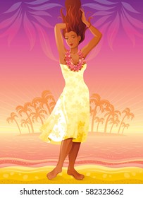 Summer people travel beach background, beautiful tan sexy hawaiian hula dancing girl. Sea vintage party poster. Tropical sunset evening vector illustration. Summertime palm island landscape template