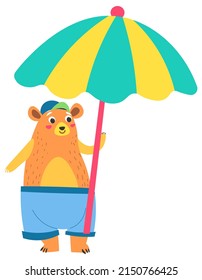 Summer personage animal wearing shorts and hat holding umbrella protecting from sun. Sweet toy, grizzly or bear mammal. Furry character childish sticker for decoration. Vector in flat style