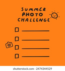 Summer photo challenge. Flat vector design. Hand drawn illustration on orange background.