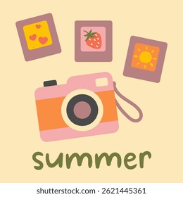 Summer photo memories flat illustration. Cute camera with colorful photos of heart, strawberry, and sun. Creative summer vacation image for travel, holiday, blog, postcard or print design.