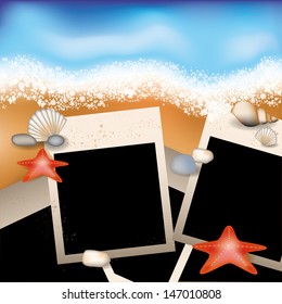 Summer photoframe with starfish and stone, vector illustration
