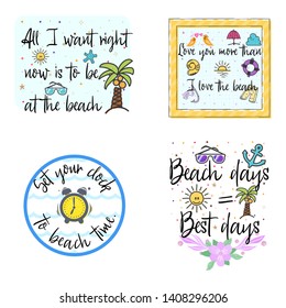 Summer phrase banners decorate with flat style illustrations, isolated objects