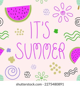 It is summer phrase vector pattern Hand drawn lettering illustration with watermelon, sun, waves, swirls, dots