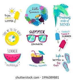 Summer phrases and icons set. Hello summer paradise, Take me to the beach, vacation therapy, tropical state of mind lettering. Vector cartoon illustration.