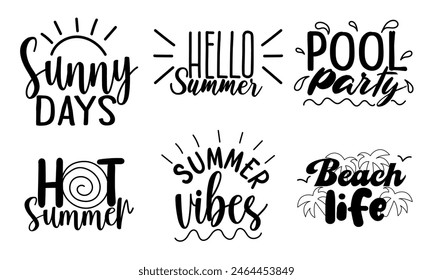 Summer phrases set. Black lettering and summer decoration elements isolated on white. Hand drawn design for stickers, postcards, poster, print. Vector illustration.