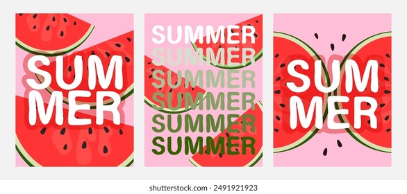 Summer phraze with a slice of watermelon on a pink background. Set of summer vector card.