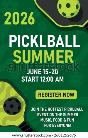Summer Pickleball Cup tournament with date and schedule. Stylish vector banner on a green background. For announcing doubles and mixed doubles games, club promotions, and professional sporting events