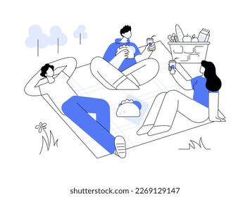 Summer picnic abstract concept vector illustration. Summer weekend activity, leisure time spending, cooking out supplies, picnic basket, family eating outdoors, park, snack idea abstract metaphor.