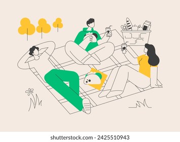 Summer picnic abstract concept vector illustration. Summer weekend activity, leisure time spending, cooking out supplies, picnic basket, family eating outdoors, park, snack idea abstract metaphor.