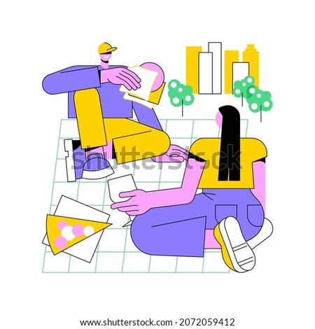 Summer picnic abstract concept vector illustration. Summer weekend activity, leisure time spending, cooking out supplies, picnic basket, family eating outdoors, park, snack idea abstract metaphor.