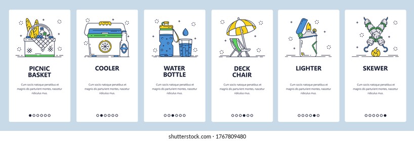 Summer picnic accessories web site and mobile app onboarding screens. Menu banner vector template for website and application development. Picnic basket, cooler, water bottle, deck chair, skewer.