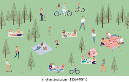 Summer picnic with active family vacation with kids, couples, families, relaxing on nature, ride bicycles and skateboard. Editable vector illustration