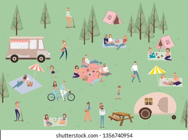 Summer picnic with active family vacation with kids, couples, families, relaxing on nature, ride bicycles and skateboard. Editable vector illustration