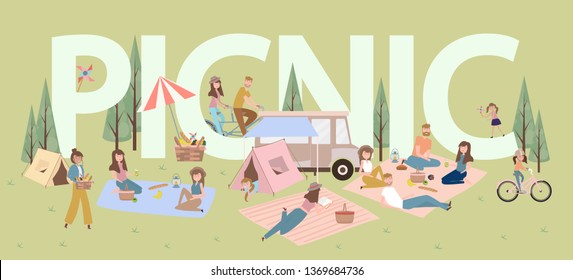 Summer Picnic With Active Family Vacation With Kids, Couples, Families, Relaxing On Nature, Ride Bicycle. Editable Vector Illustration