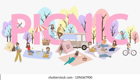 Summer picnic with active family vacation with kids, couples, families, relaxing on nature, ride bicycles and skateboard. Editable vector illustration