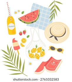 Summer Picnic Aesthetic Flat Lay on White Background. Vector Illustration with Straw Hat, Lemonade, Watermelon, Lemons in Net Bag, Book and Sunglasses