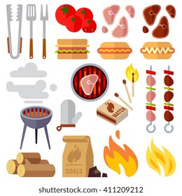 Summer picnic, barbecue and grilled food steak vector icons. Grill barbecue, summer barbecue picnic, barbecue cooking illustration