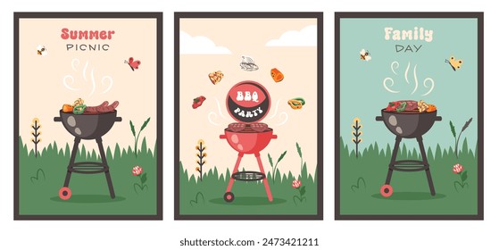 Picnic de verano. Fiesta de barbacoa. Conjunto de tarjeta de barbacoa en estilo retro. Picnic de barbacoa de verano. Fondo de barbacoa con parrilla, filetes, comida de carne, verduras, cubiertos, texto. Vector ilustración de dibujos animados