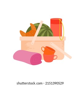 Summer picnic basket full of food. Wicker hamper with products, croissant and watermelon, thermos and cups, blanket for outdoor lunch, leisure weekend time vector illustration