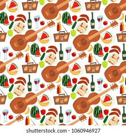Summer picnic basket products wine seamless pattern background vector illustration in flat style.