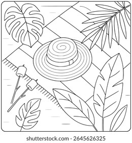 Summer Picnic Blanket with Sunhat and Marshmallows – Coloring Page