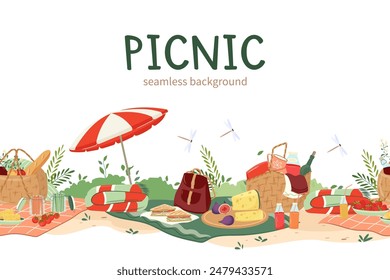 Summer picnic border. Hand drawn horizontal seamless pattern, baskets full of delicious, party, furniture, camping for relax outdoor. Great for textiles, banners, wallpaper