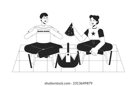 Summer picnic bw vector spot illustration. Friends eating food outdoor 2D cartoon flat line monochromatic characters for web UI design. Enjoy summer break editable isolated outline hero image